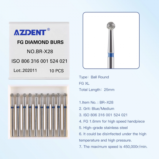 Diamond FG Burs – Round Ball XL (1.6mm, 25mm, High Speed)