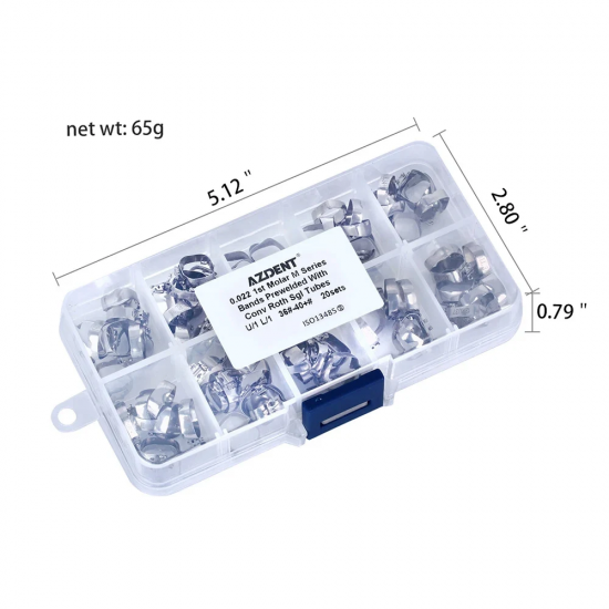 Orthodontic Molar Bands with Buccal Tubes (Roth .022, Prewelded) (4 PCS/Set, 20 sets in total) Orthodontic Molar Bands with Buccal Tubes (Roth .022, Prewelded) (4 PCS/Set, 20 sets in total)